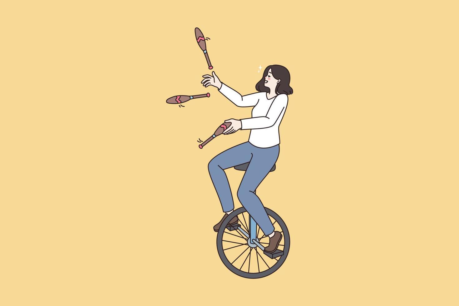 Woman ride unicycle perform juggle with skittles pins. Businesswoman multitask with different assignments and task. Life and work balance, management. Flat vector illustration, cartoon character.