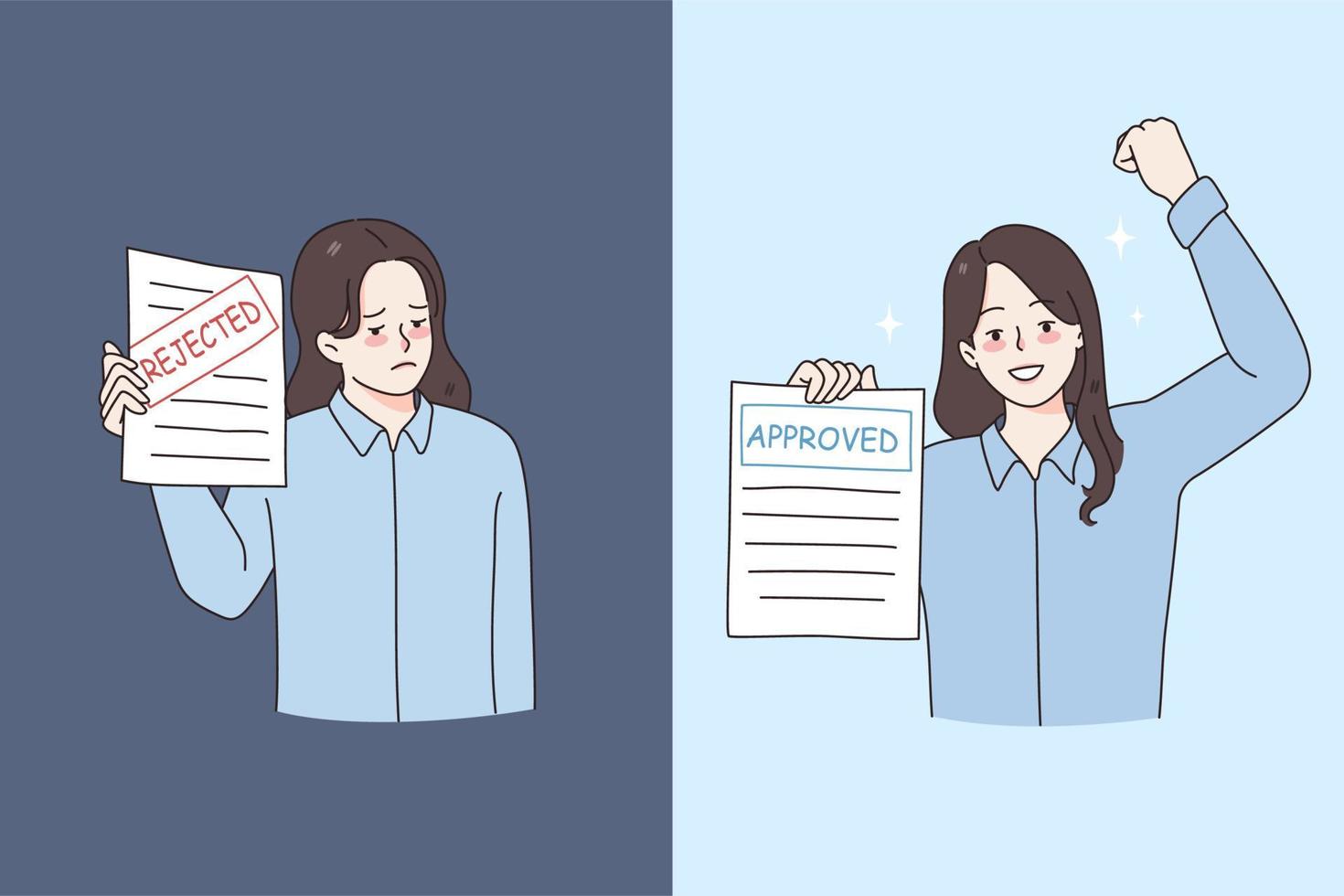 Rejection and approval in work concept. Young women workers standing with rejected document and sad face and approved document with happy excited face vector illustration