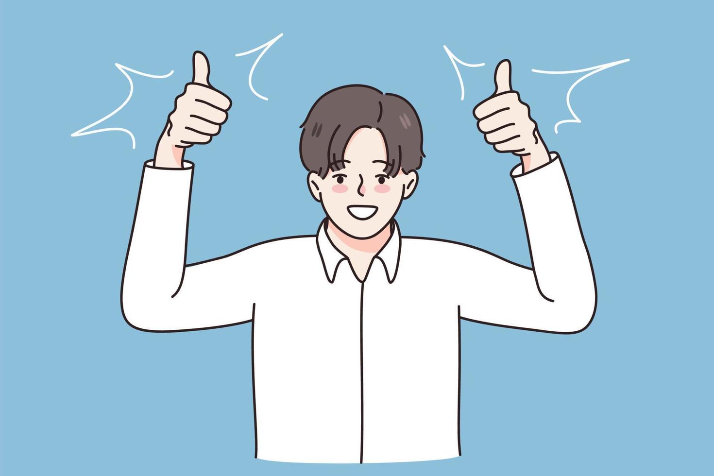 Success and thumb up sign concept. Young smiling businessman wearing white shirt standing and showing thumb up sign with hands fingers vector illustration
