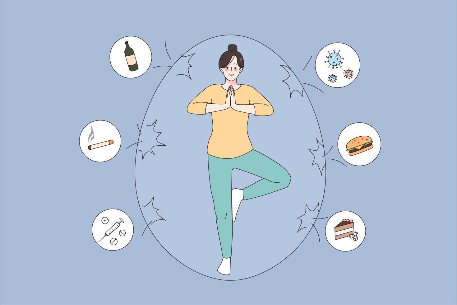 acuerdo equilibrar y sano estilo de vida concepto. joven sonriente mujer con sano vida equilibrio haciendo yoga posición en huevo cáscara con rápido comidas y malo hábitos fuera de vector ilustración