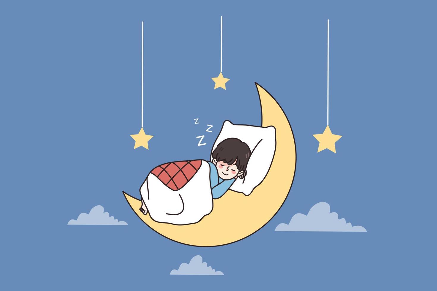 Good sleep and sweet dreams concept. Small kid with smile on face lying in bed on moon sleeping having sweet dreams with falling hanging stars from sky vector illustration