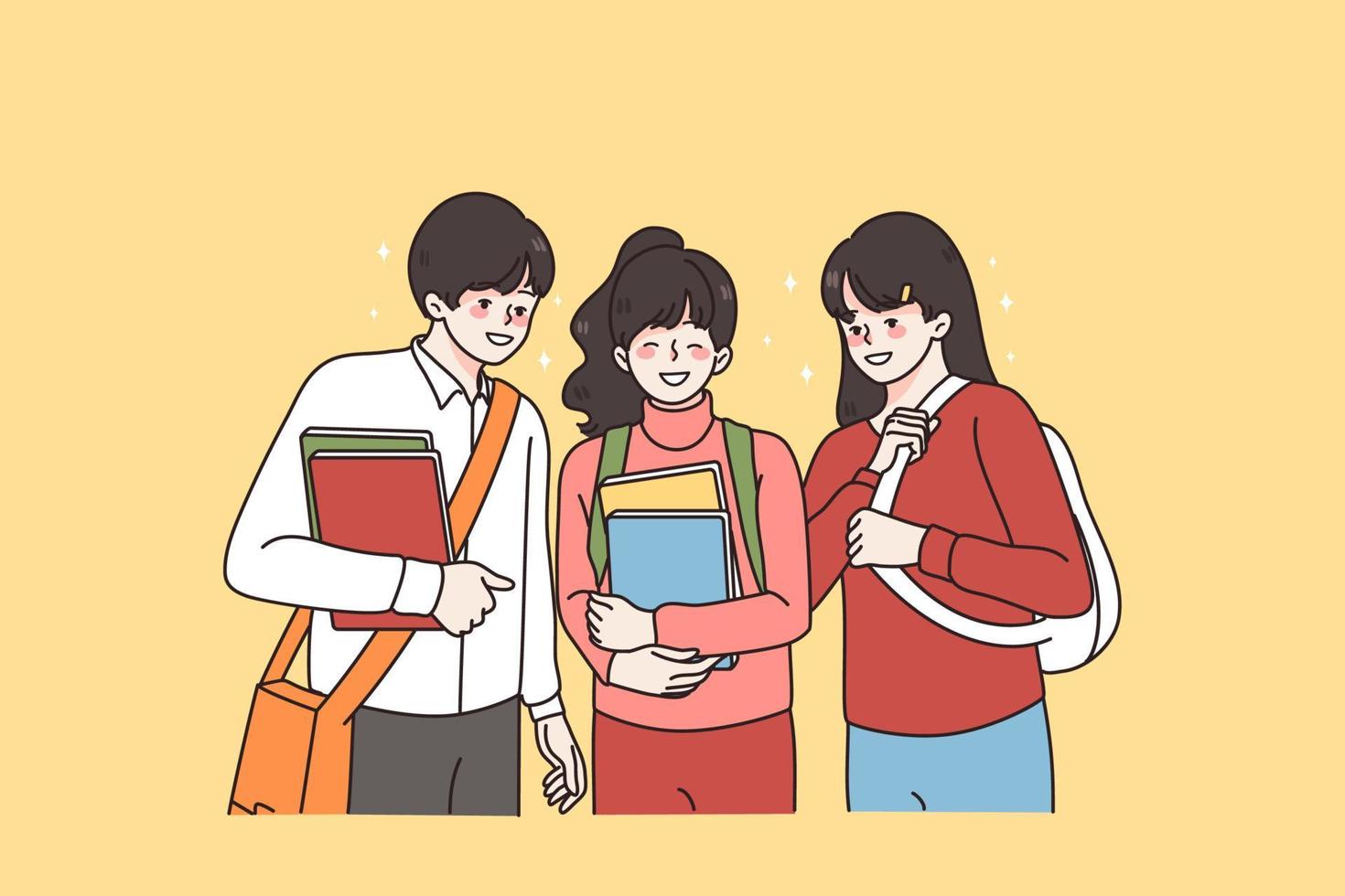 Learning friendship and school times concept. Group of smiling positive school kids boy and girls standing with books and backpacks feeling excited vector illustration