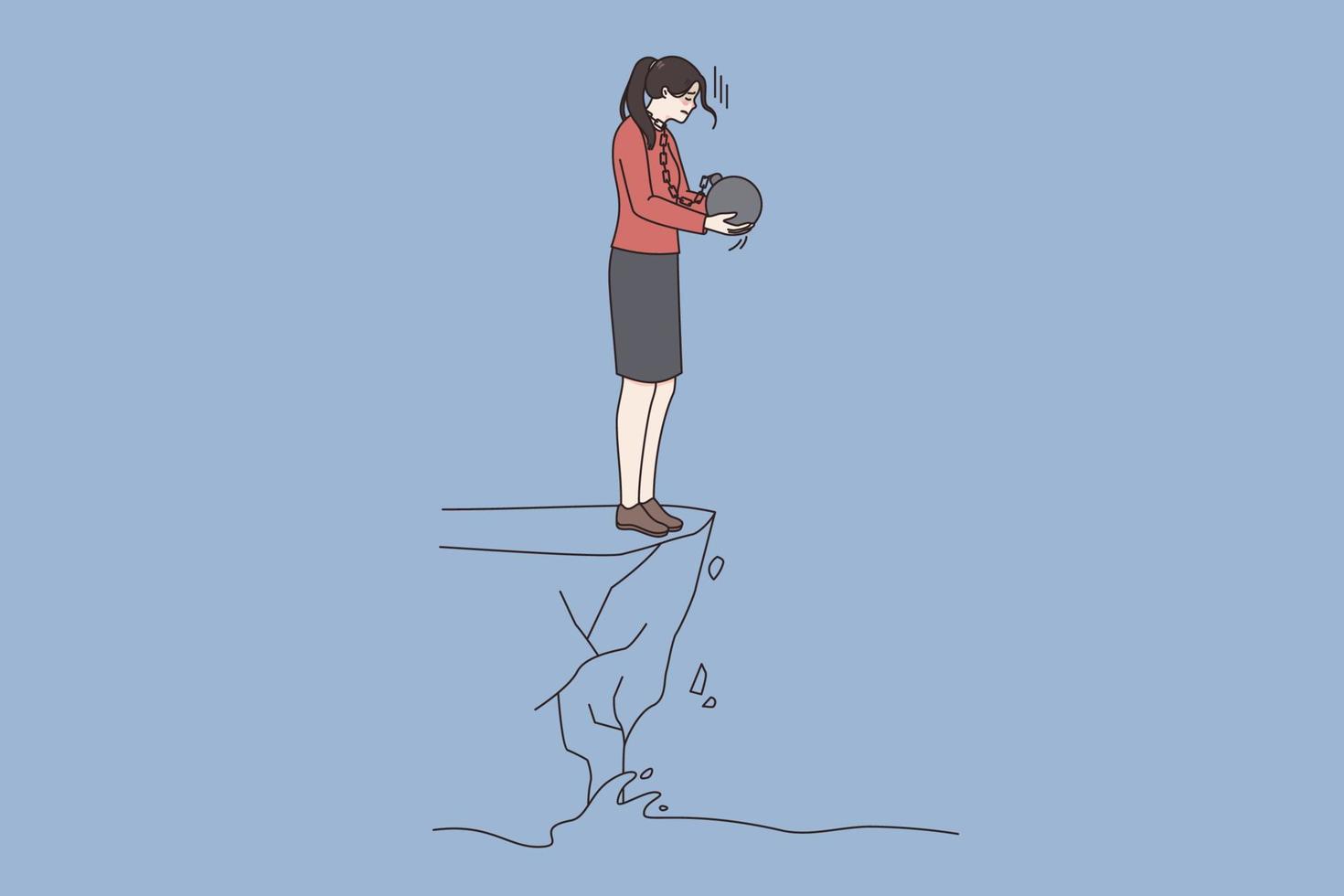 Depression and thinking of suicide concept. Young depressed woman standing on edge of abyss with heavy stone on neck and thinking of comitting suicide vector illustration