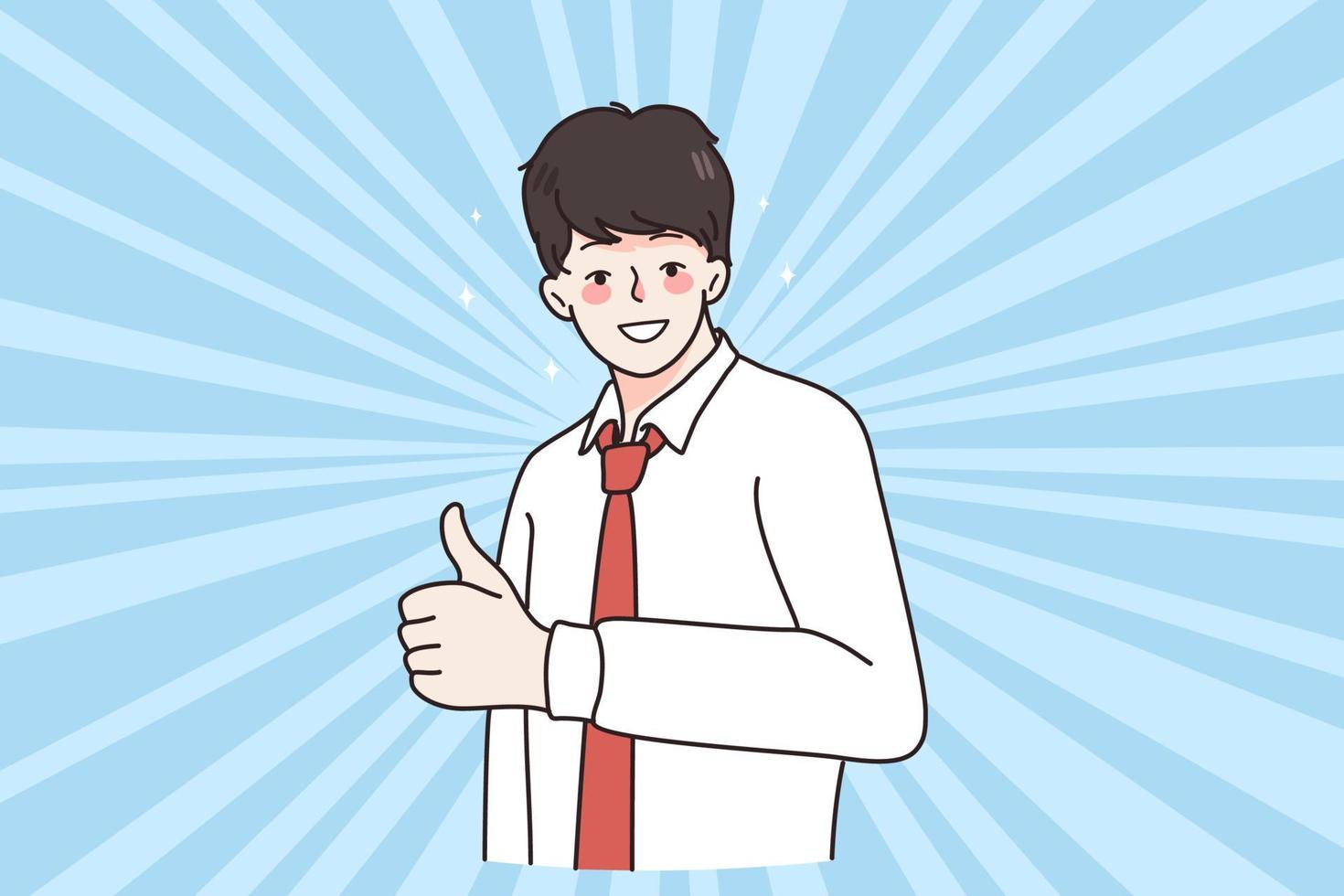 Gesture sign and thumb up concept. Young smiling businessman wearing white shirt standing and showing thumb up sign with hands fingers vector illustration