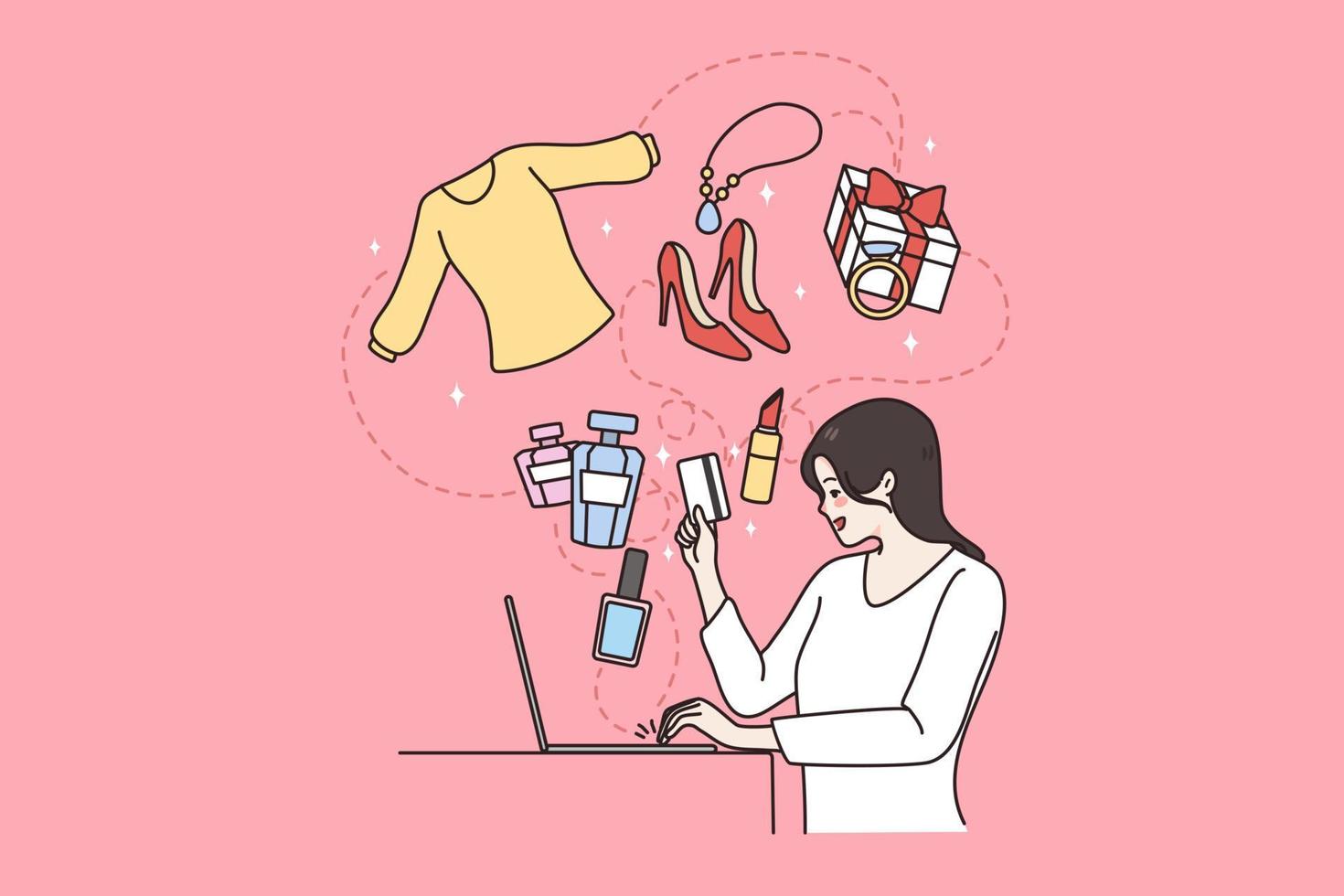 en línea compras y tecnologías concepto. joven sonriente mujer sentado a ordenador portátil compras en línea comprando ropa y belleza cosas vector ilustración