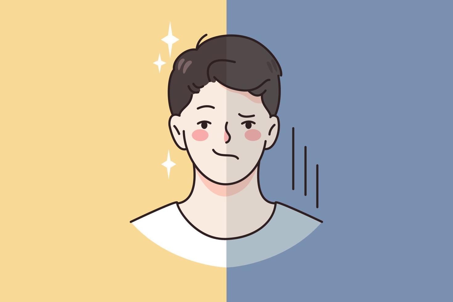 Negative and positive emotions concept. Face of young man with sides of positive smile and angry disappointment expression vector illustration