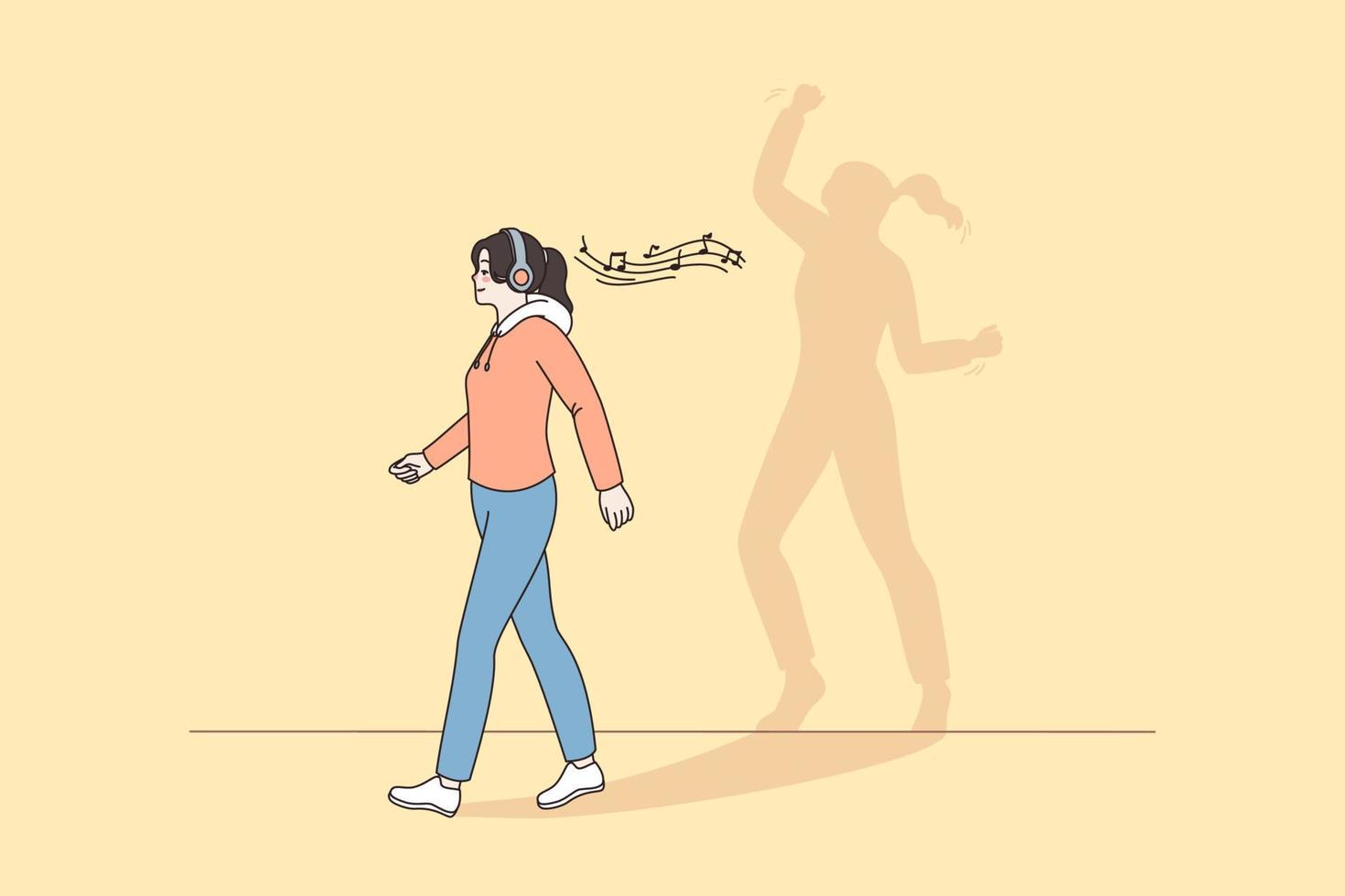 Imagination and dancing to music concept. Young smiling girl in headphones going forward listening to music imagining herself dancing vector illustration