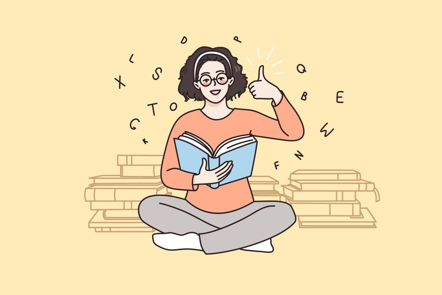Education process and positive emotions concept. Smiling girl student sitting on floor reading book showing thumbs up sign with fingers vector illustration