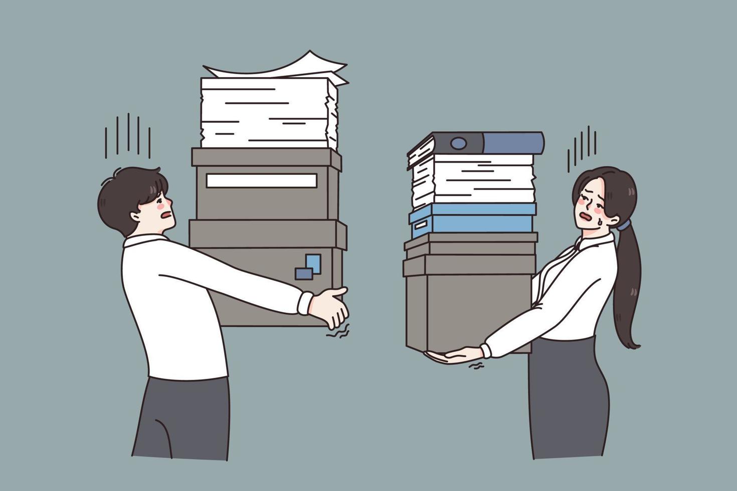 Heaps of documents in office concept. Young tired workers colleagues man and woman carrying stacks of heavy documents and papers vector illustration