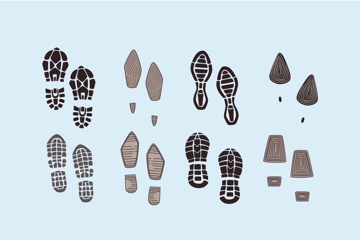 Footprints and various soles concept. Set of different foot prints of boots silhouettes different sizes and shapes over blue background vector illustration