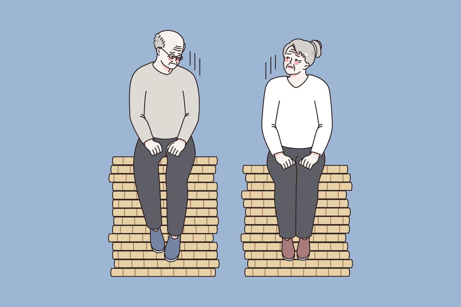 Misunderstanding and conflict in old couple concept. Elderly mature couple man and woman sitting on opposite stacks feeling lonely and sad vector illustration