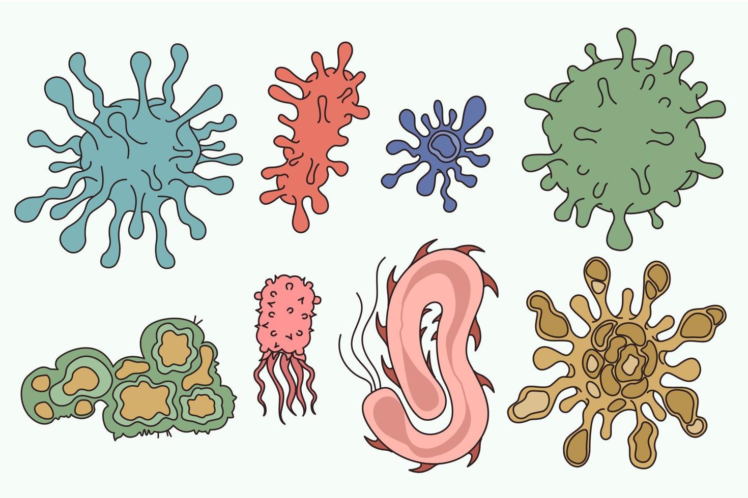 Microorganism and bacteria life concept. Set of colorful various shaped bacterias and microorganisms isolated over white background vector illustration