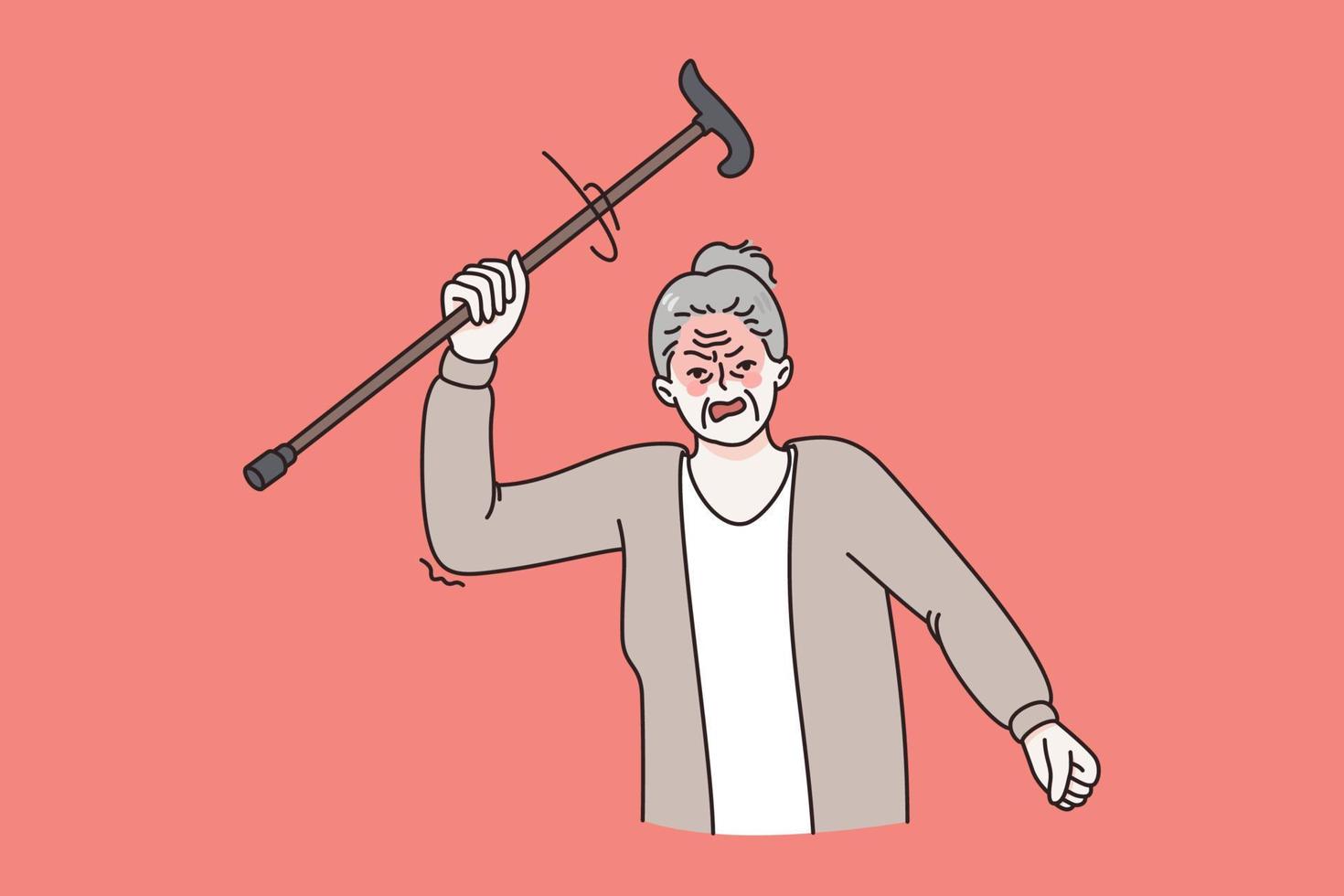 Furious old grey haired woman standing and holding club in raised hand over red background vector illustration