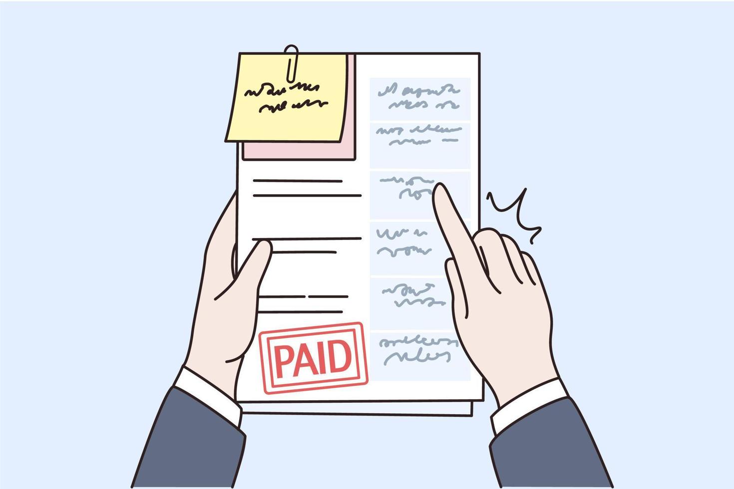 Person hands with stack of documents and bills with paid notice. Man hold invoices or sheets about debt or expense payment. Finances, banking concept. Flat vector illustration, cartoon character.