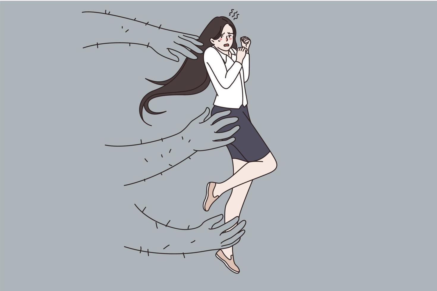 Scared terrified young woman grasped by huge hands, suffer from men aggressive rude behavior. Girl struggle with sexual harassment at work. Violence and bullying problem concept. Vector illustration.