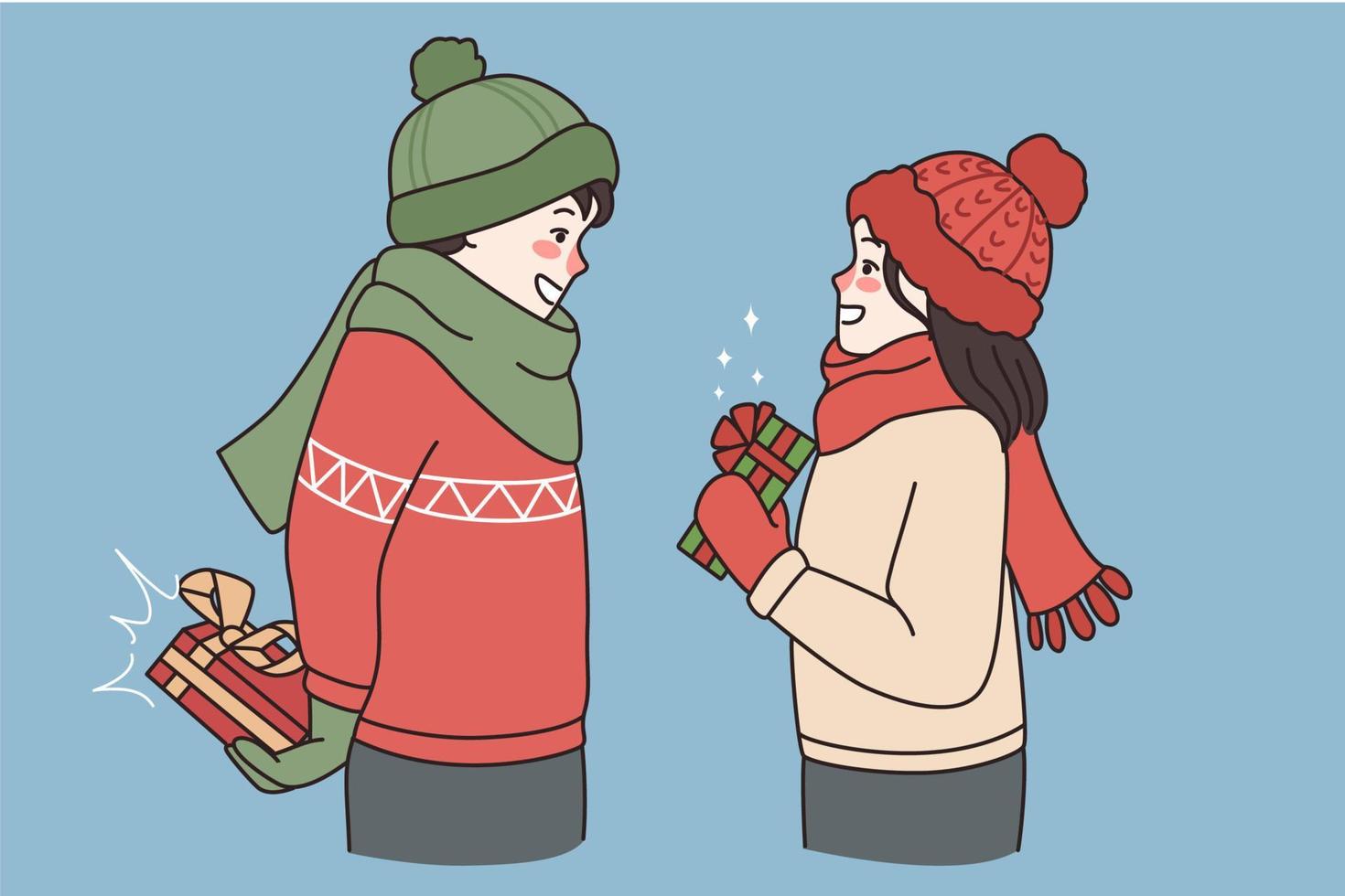 Boy and girl in winter clothes feel excited make surprise for Valentine Day. Smiling couple lovers prepare gifts or presents for New Year or Christmas holiday celebration. Vector illustration.