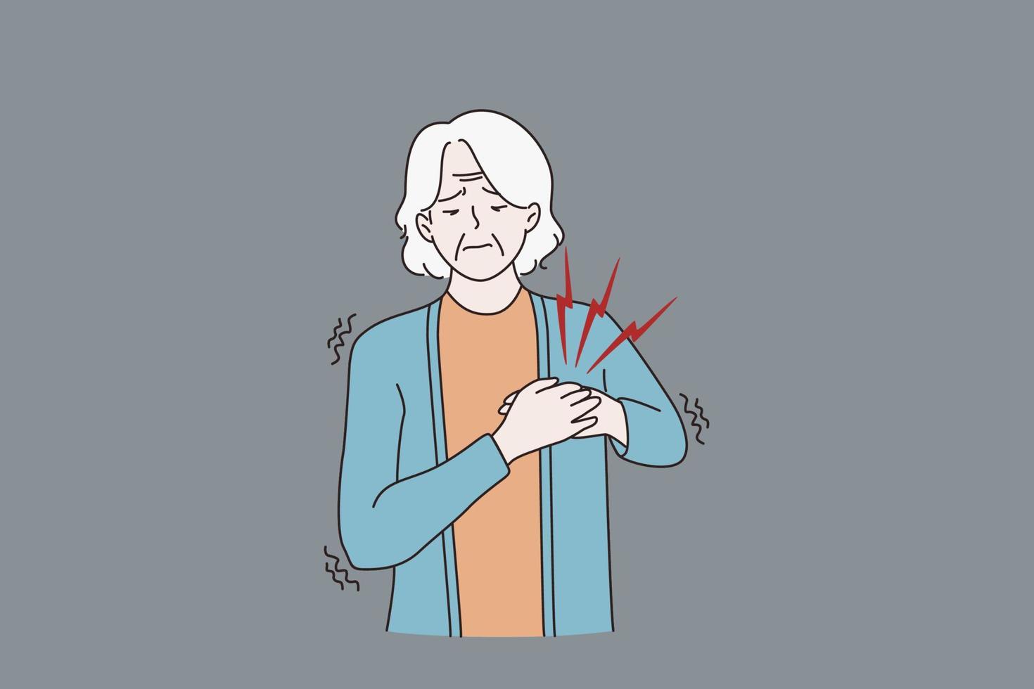 Unhappy sick old woman touch heart suffer from pain heart attack, need ambulance. Unhealthy mature grandmother struggle with chest ache burn. Elderly healthcare concept. Vector illustration.