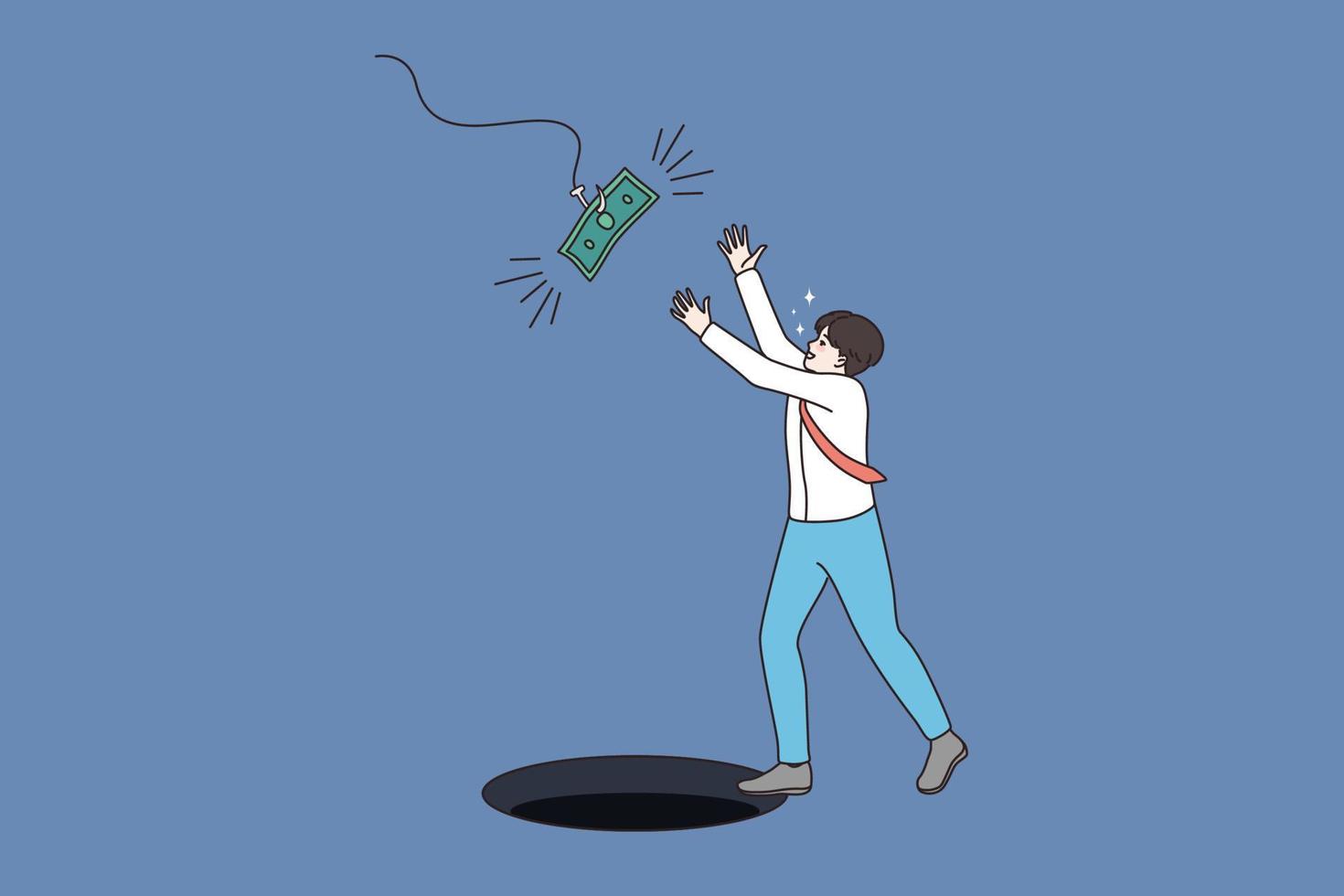 Man jump for money fall into hole. Male desire strive for easy cash finances not aware of hidden risks. Risky and dangerous business affair or deal. Financial trap concept. Flat vector illustration.