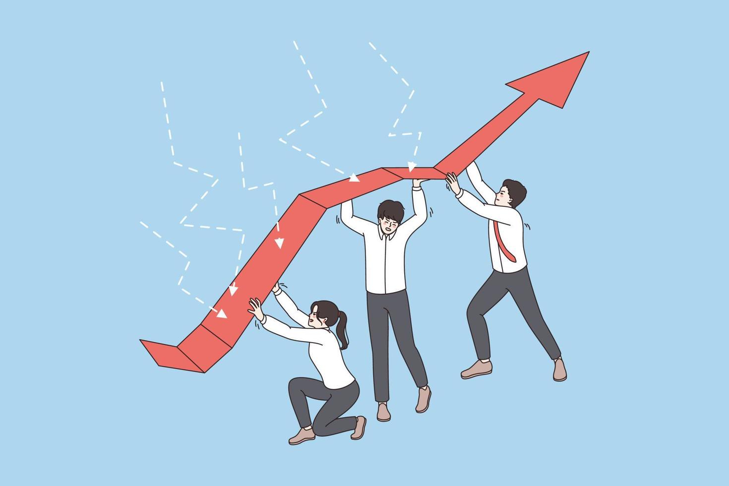 Diverse business employee hold huge arrow decreasing falling down. Team or group of colleagues coworkers cooperate in company financial crisis. Teamwork, cooperation. Flat vector illustration.