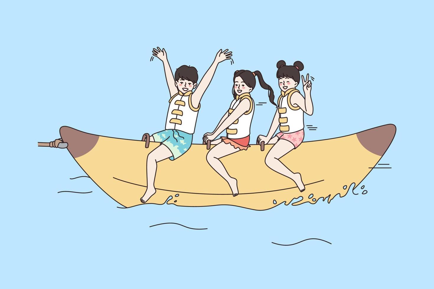 Overjoyed small children ride banana boat enjoy happy summer vacation at sea. Smiling little kids have fun on entertainment water equipment. Seaside holiday concept. Flat vector illustration.