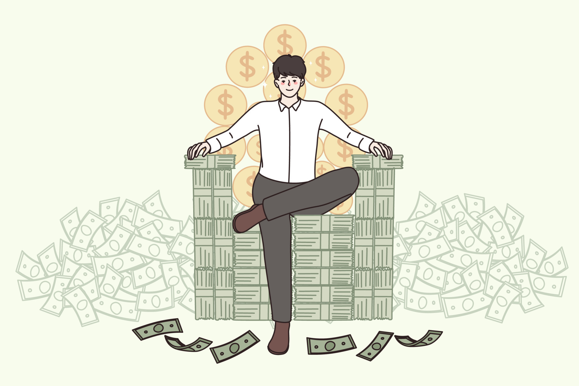 Happy young man millionaire sit on chair stack on money banknotes