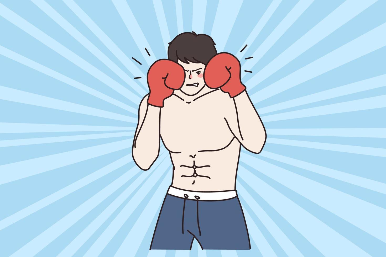 Angry strong young boxer man in shorts and gloves fight with opponent on ring. Aggressive focused sportsman boxing throwing punch. Championship, sport concept. Flat vector illustration.