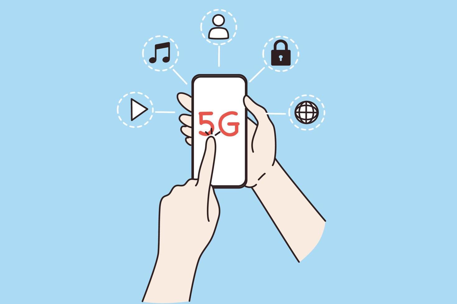 persona sostener moderno teléfono inteligente con 5g red, móvil proveedor conexión. personas cliente o cliente utilizar nuevo era tecnología en Teléfono móvil artilugio. comunicación. plano vector ilustración.