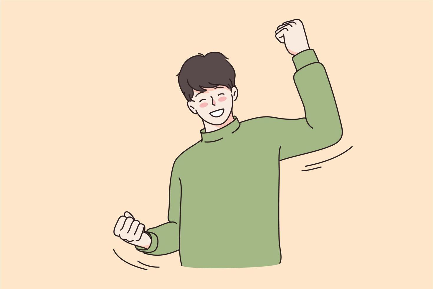 sensación fuerte y poderoso concepto. joven sonriente chico vistiendo chaqueta en pie demostración elevado manos y puño sensación fuerza vector ilustración