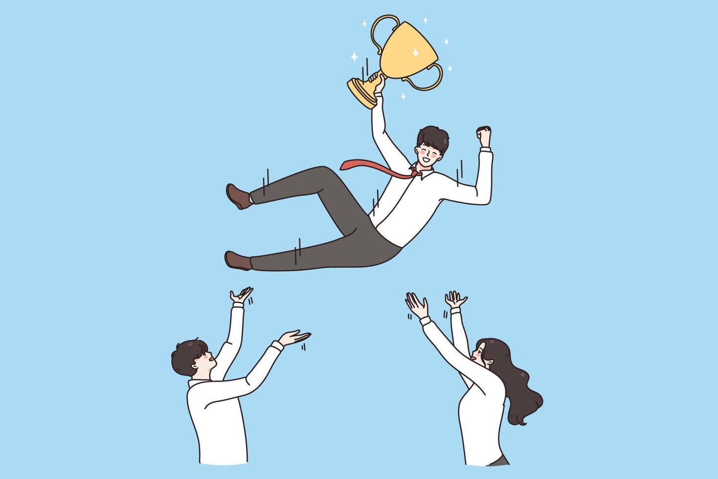 Leadership and celebrating success concept. Business team colleagues holding and pulling their leader man on hands with golden trophy for first prize vector illustration