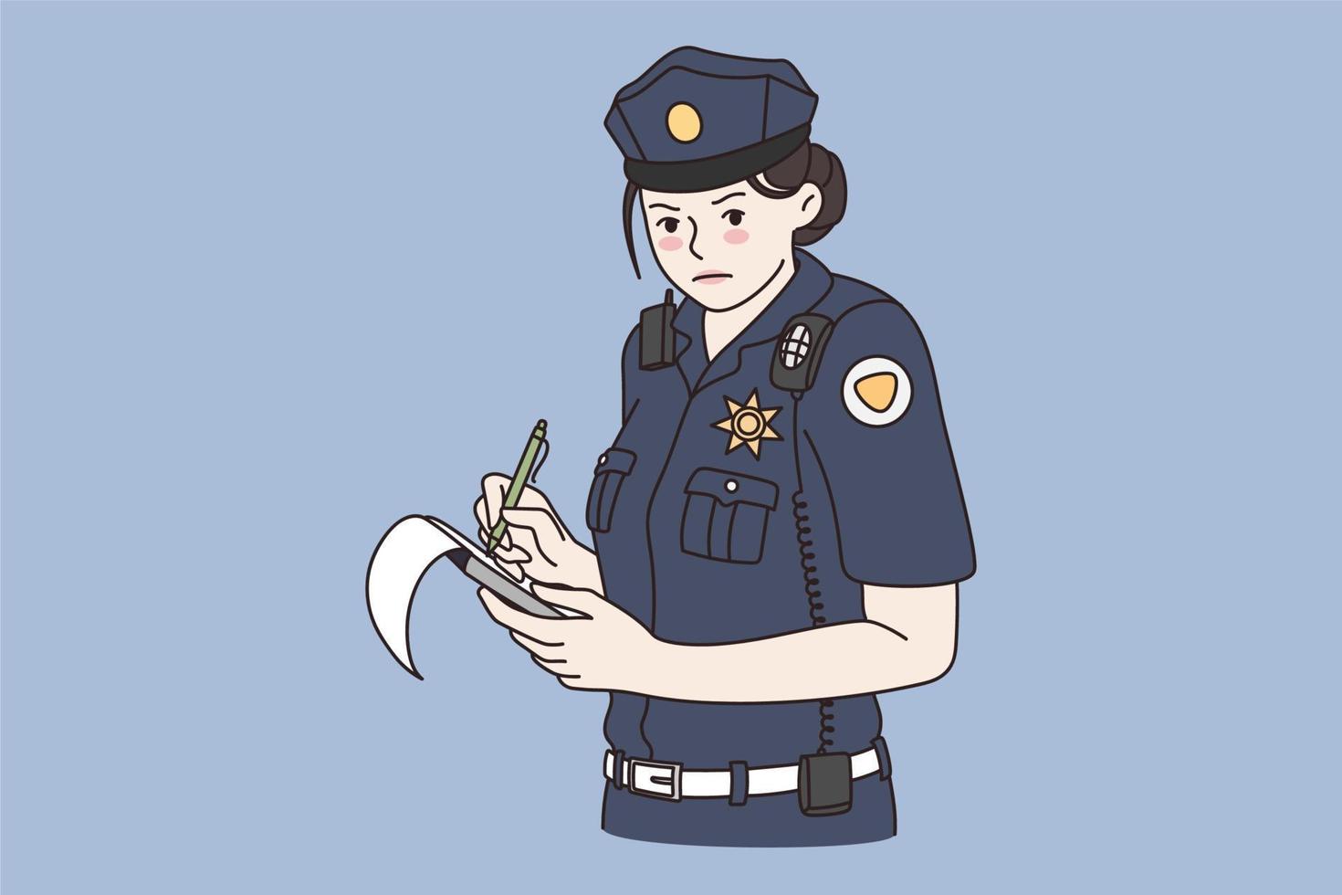 Working as policewoman and detective concept. Young serious woman wearing uniform and hat standing and making notes for work during investigation vector illustration