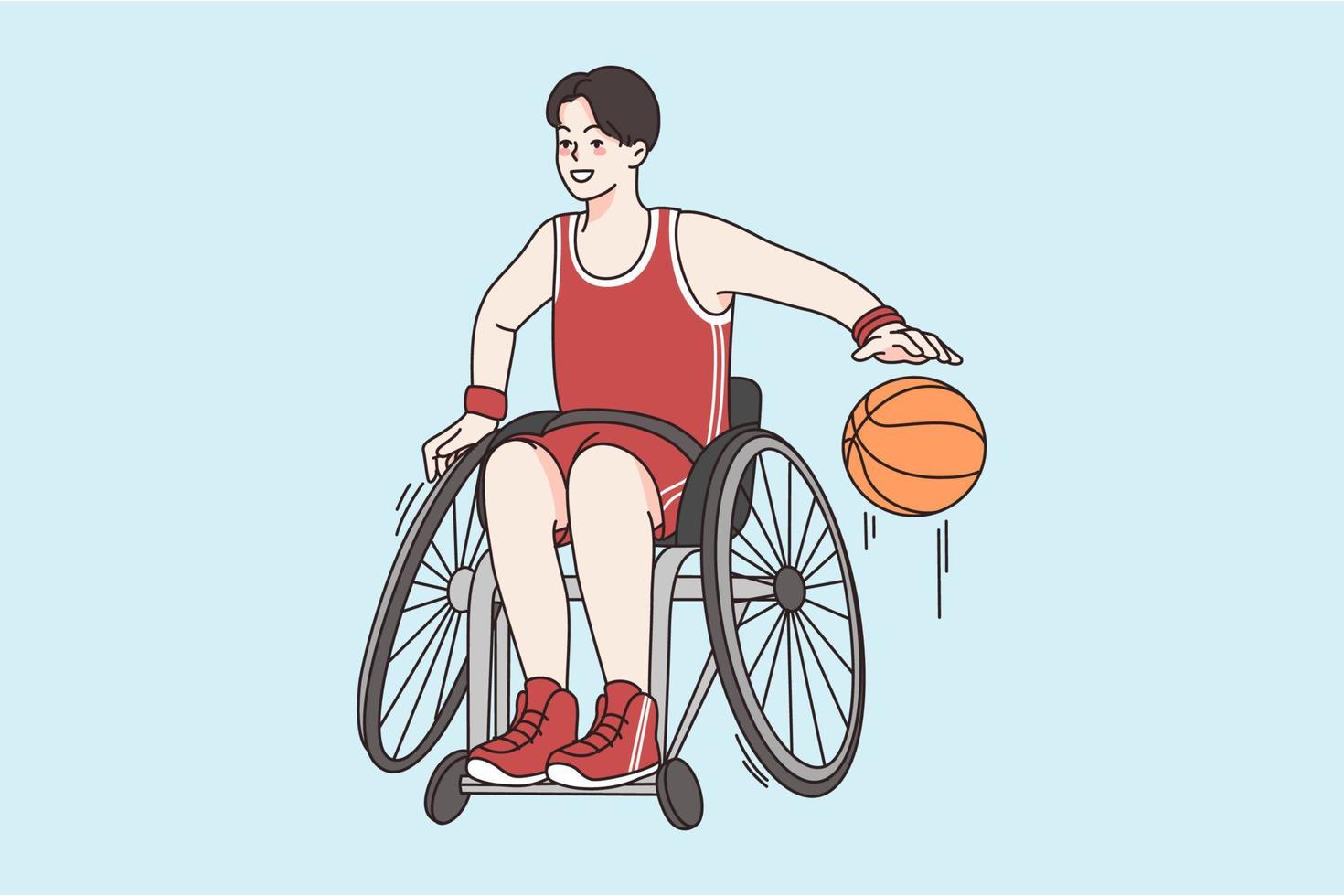 activo estilo de vida de persona concepto. joven sonriente chico en silla de ruedas sentado jugando baloncesto disfrutando deportivo estilo de vida vector ilustración
