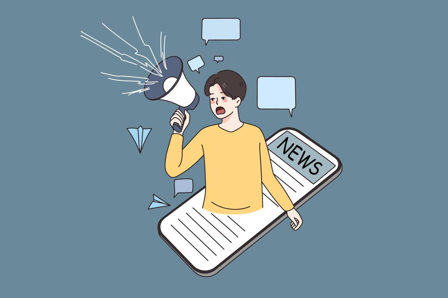 Promotion announcement and news concept. Man shouting on speaker announcing news from smartphone screen vector illustration