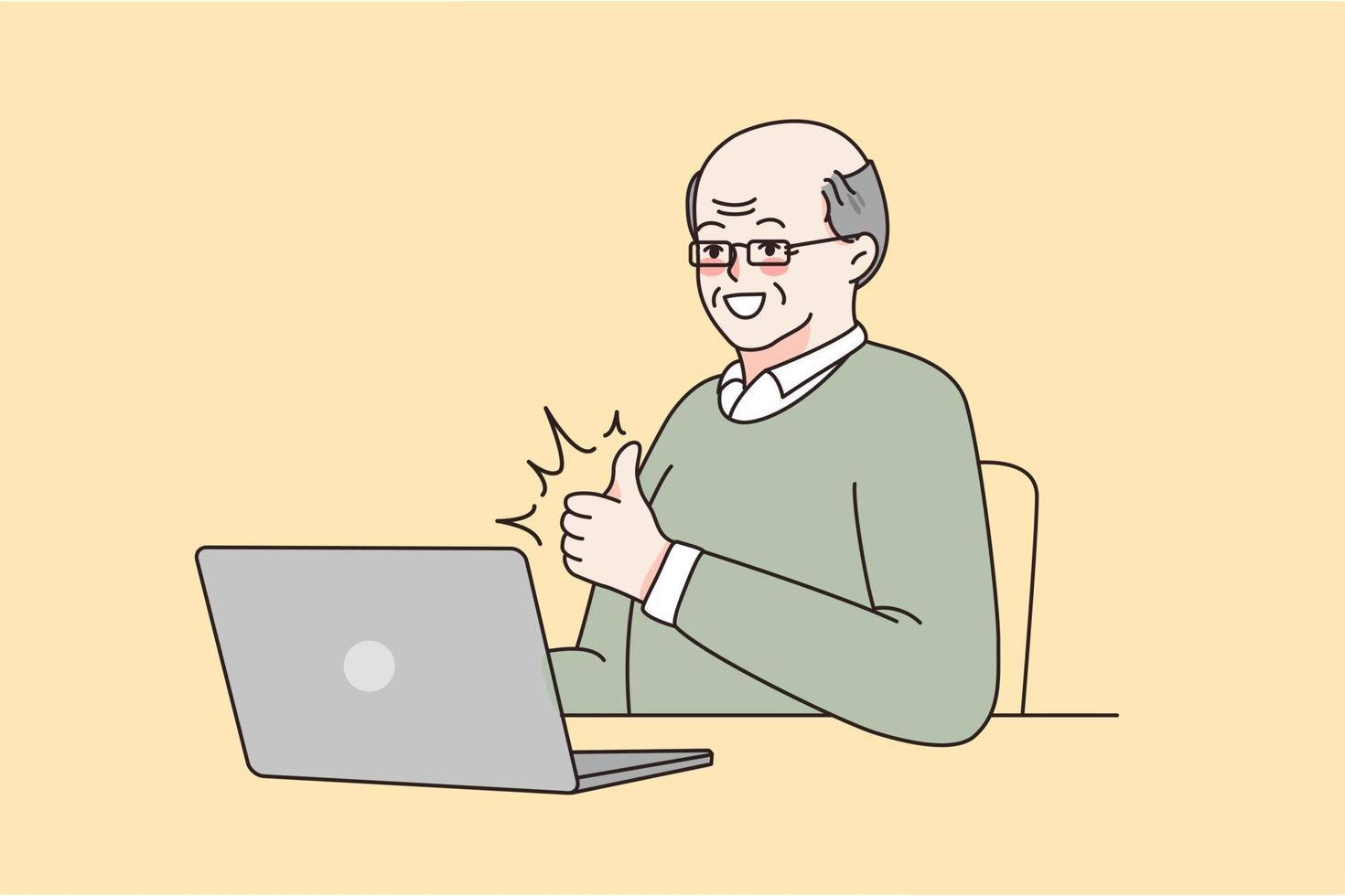 Working in internet and technologies concept. Smiling mature elderly man in glasses sitting at laptop showing thumb up sign with finger vector illustration