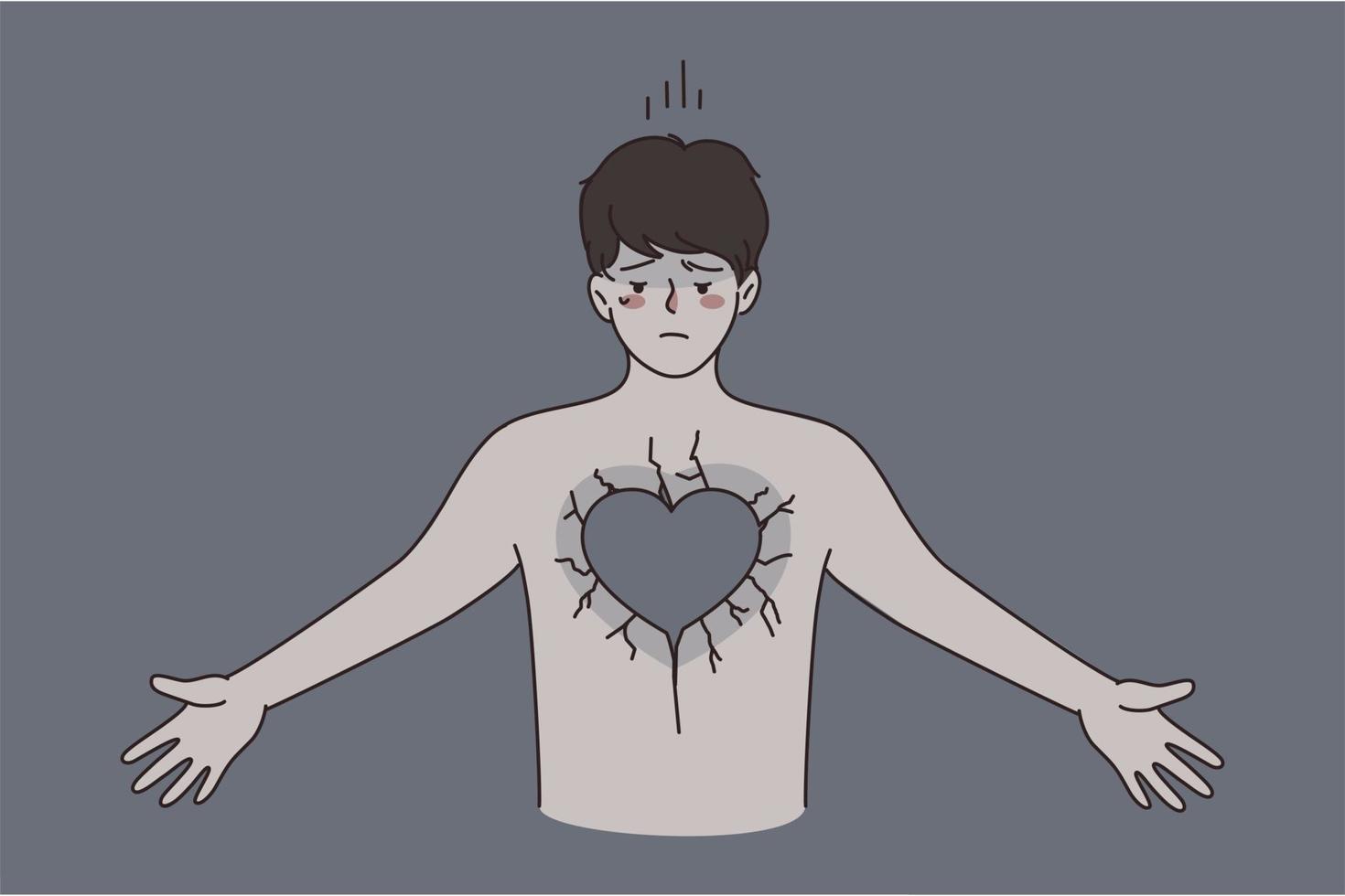 Broken heart and negative emotions concept. Young unhappy man in depression standing with grey stone heart feeling nothing vector illustration