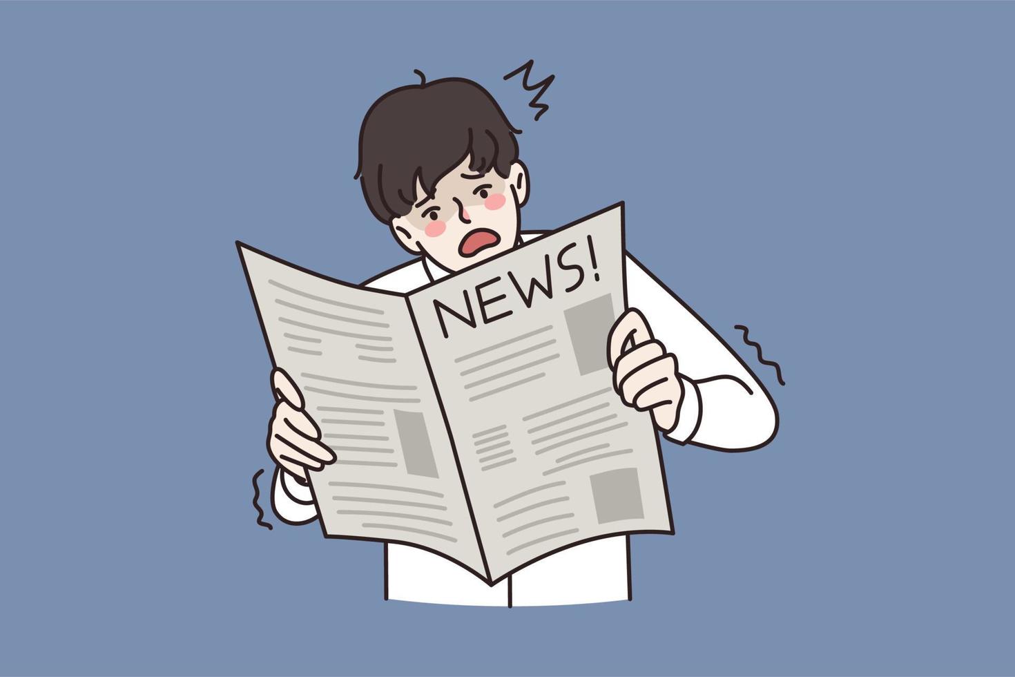 Bad news and media concept. Young man reading news in newspaper and feeling shocked with negative information vector illustration