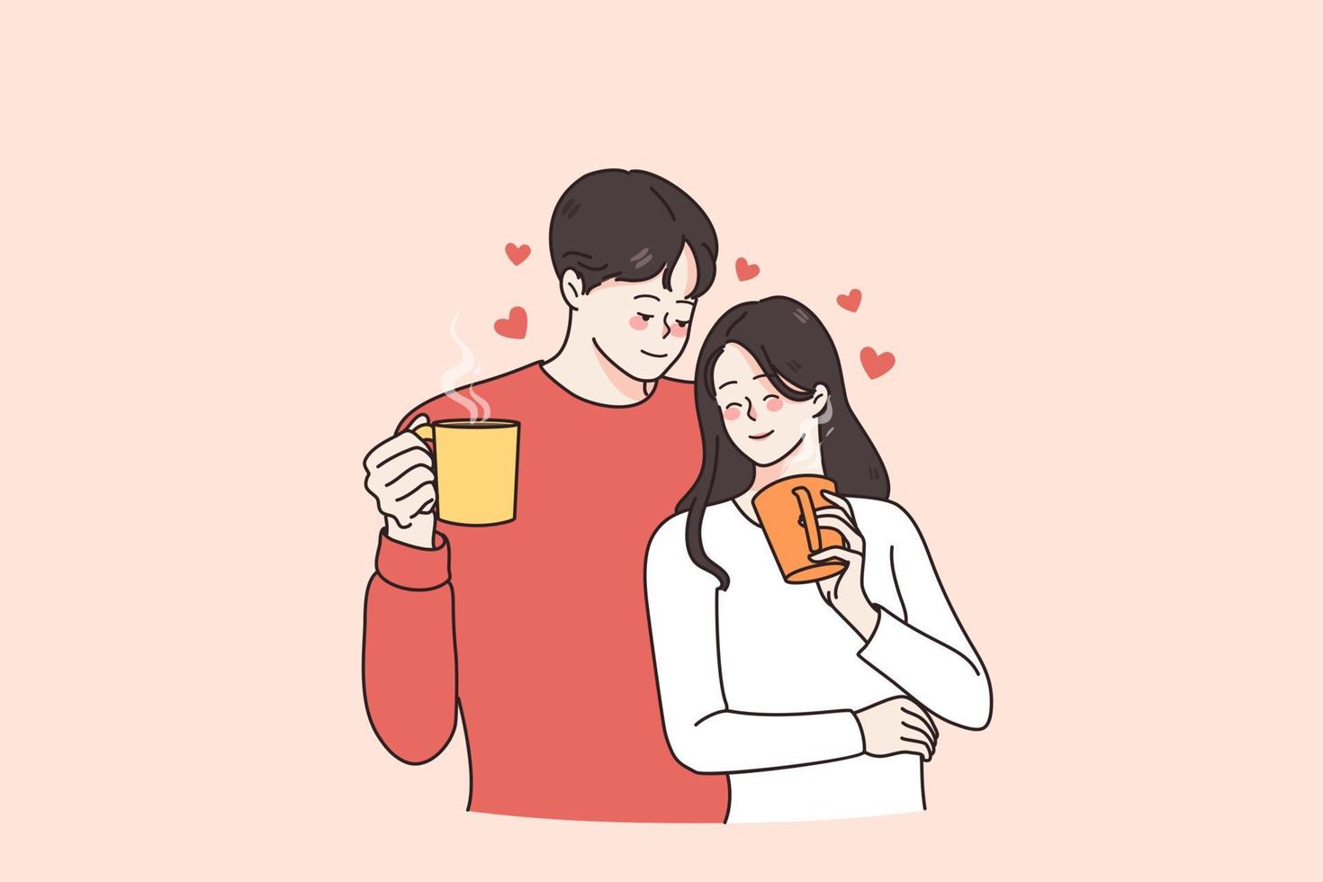 caliente bebidas y amor concepto. joven amoroso sonriente Pareja hombre y mujer en pie participación tazas tazas con caliente té o café disfrutando hora juntos vector ilustración