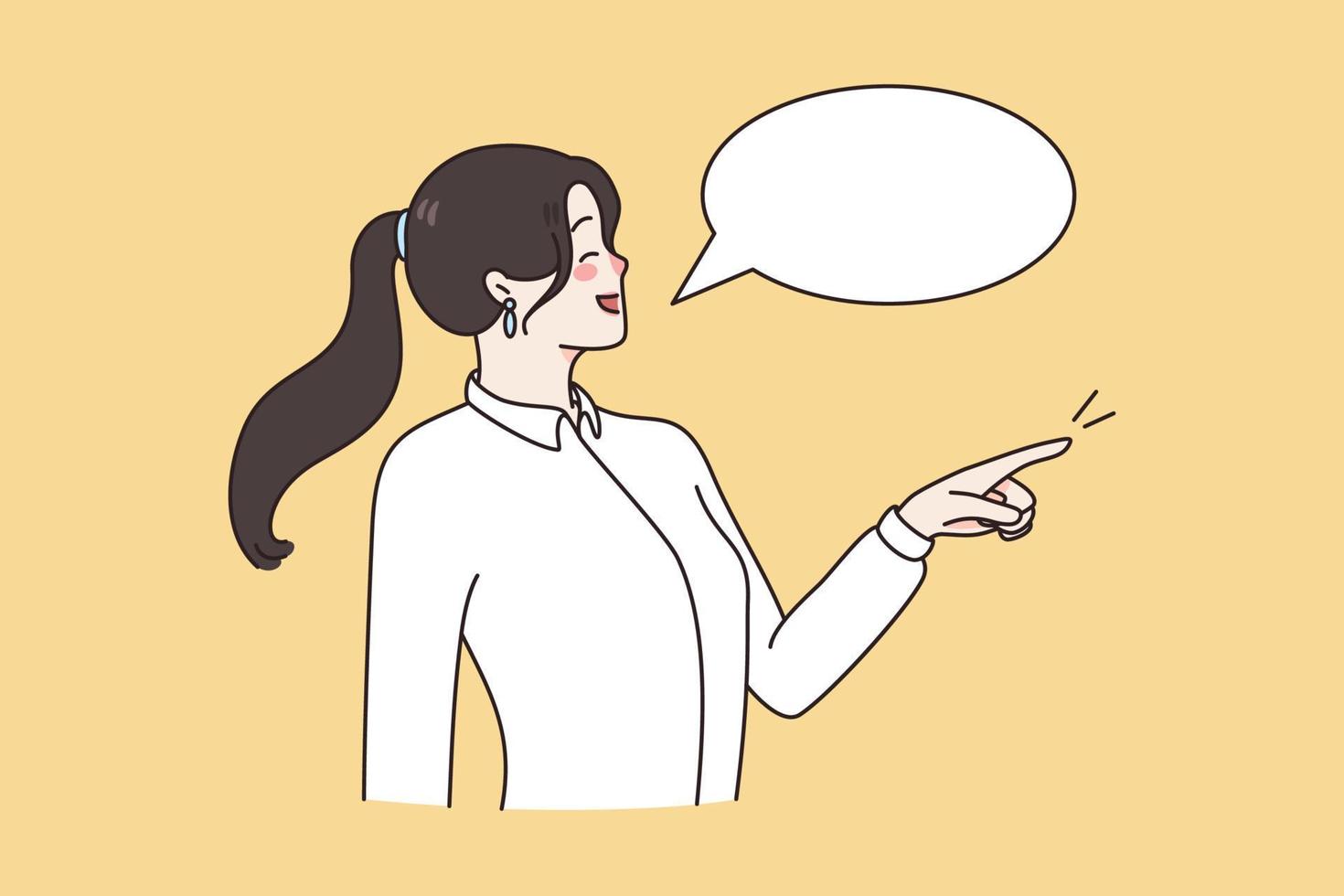 Communication and speech bubble concept. Young smiling woman standing pointing aside with finger and saying something with speech bubble sign vector illustration