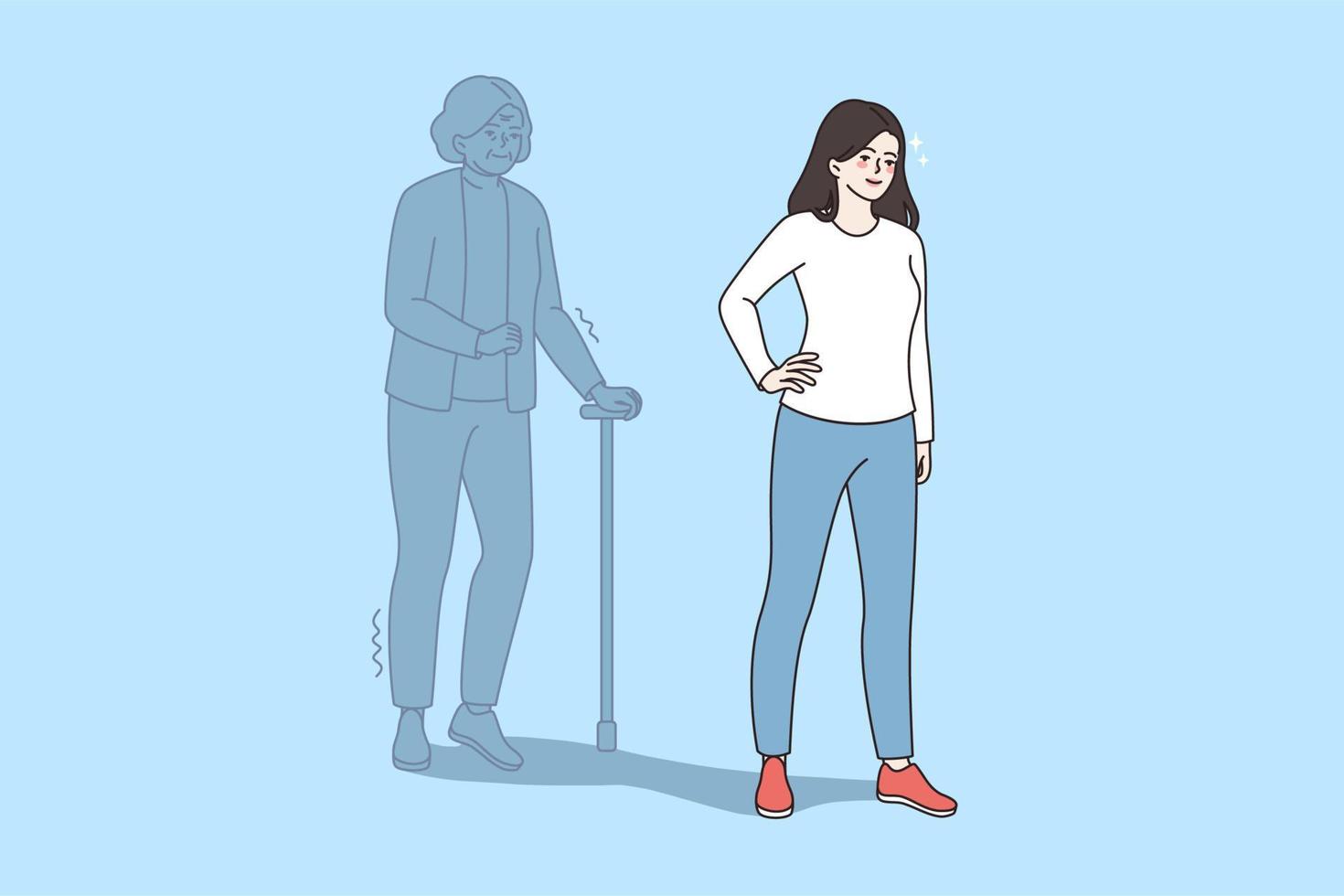 Feeling old and aging concept. Young smiling woman standing with elderly mature woman with club behind her over back on wall vector illustration