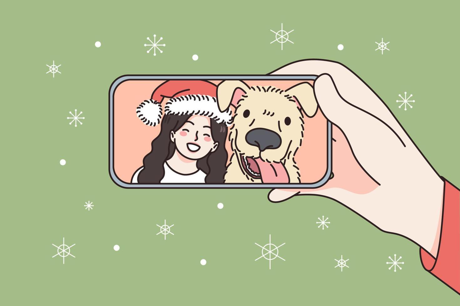 en línea Navidad y nuevo año celebracion concepto. humano mano participación teléfono inteligente con sonriente niña y perro en Papa Noel sombrero celebrando y saludo en línea vector ilustración