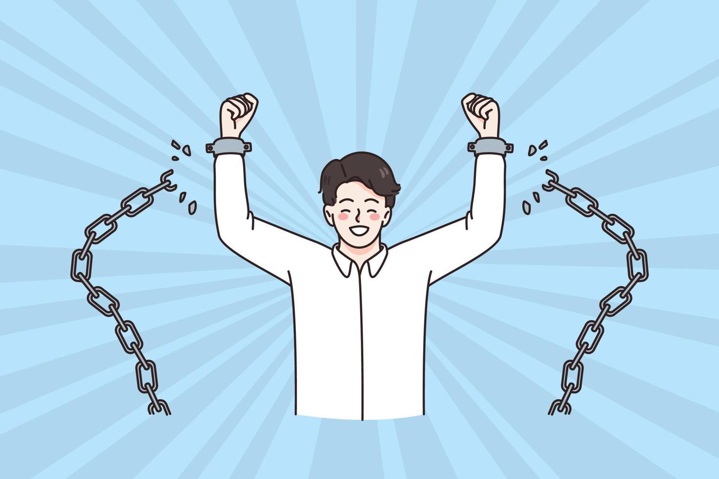 Freedom and releasing from chains concept. Young positive man standing smiling with hands raised up and broken chains feeling excited and free vector illustration