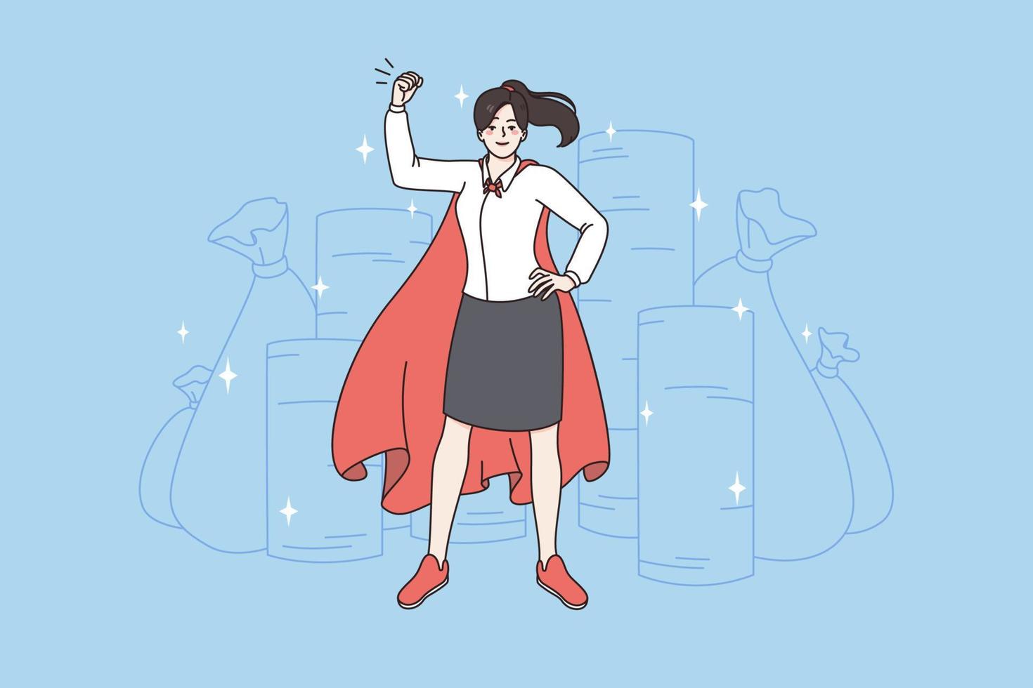 Superpower and feeling string concept. Young smiling business woman wearing red cape standing feeling powerful and successful vector illustration