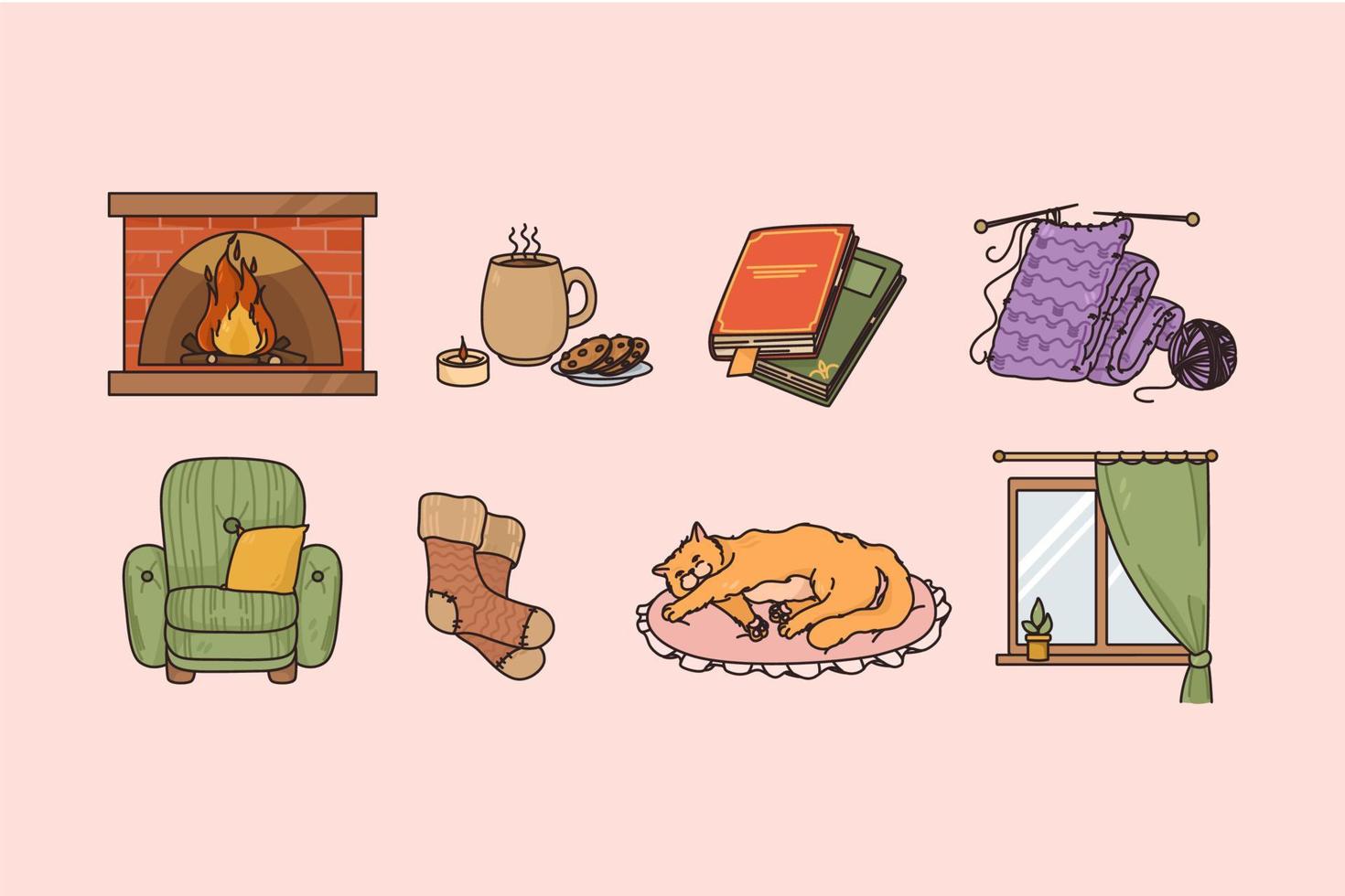 Cozy home atmosphere and mood concept. Set of interior armchair fire book tasty tea with cookies knitting red cat and clean window over pink background vector