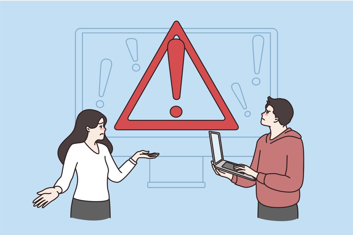 Distressed people use computer have operational error notification on screen. Stressed man and woman see mistake system warning on laptop. Repair, device breakdown. Flat vector illustration.