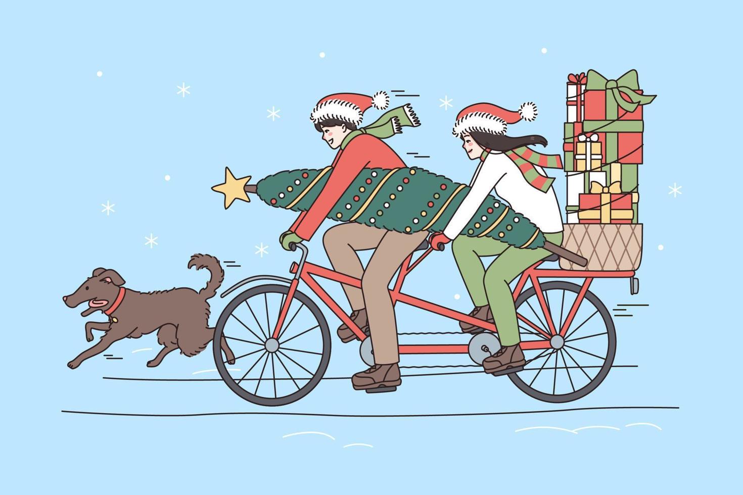 Christmas and New Year holidays concept. Smiling happy couple riding on bicycle with evergreen tree and holiday presents vector illustration