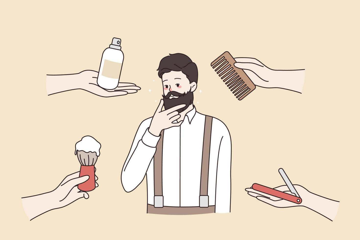 pensativo caucásico barbado hombre pensando de barba pelo cuidado en belleza salón. joven masculino escoger tratamiento procedimiento en peluquería. peinado y cuidado del cabello en hombres salón. plano vector ilustración.