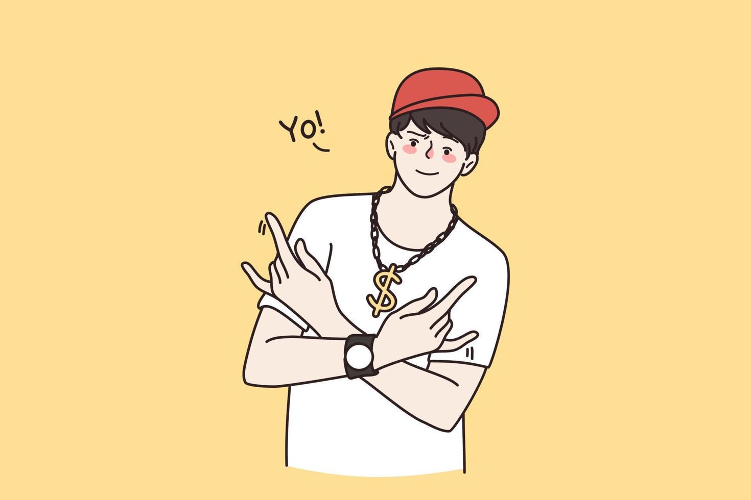 Young Caucasian guy rapper show Yo hand gesture. Smiling cool man gangster or hip hop dancer singer act perform. Subculture, urban style concept. Rap culture. Flat vector illustration.