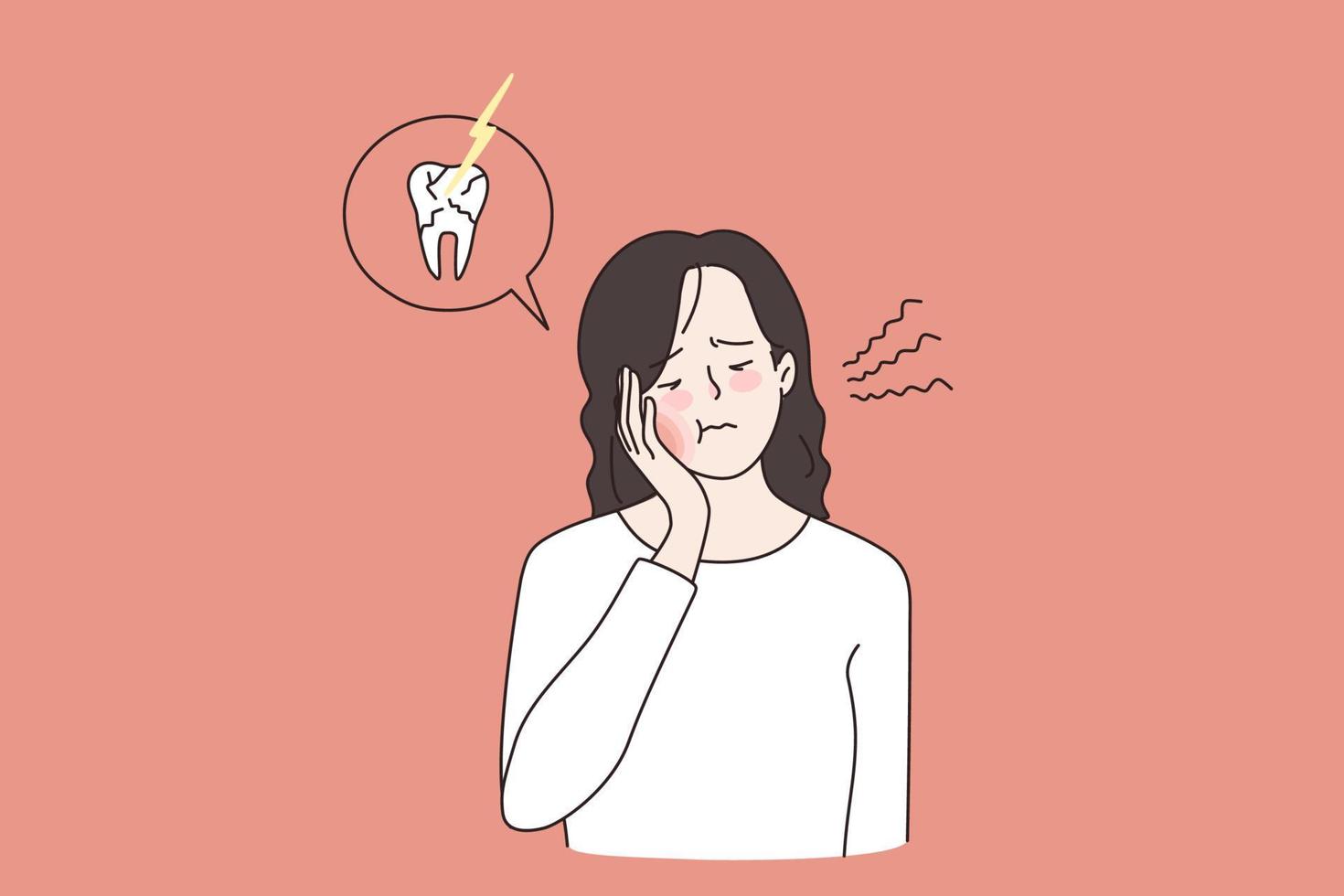 Unhappy young woman suffer from toothache need urgent dental treatment. Unhealthy unwell girl struggle with caries or gum disease. Dentistry, oral care concept. Flat vector illustration.