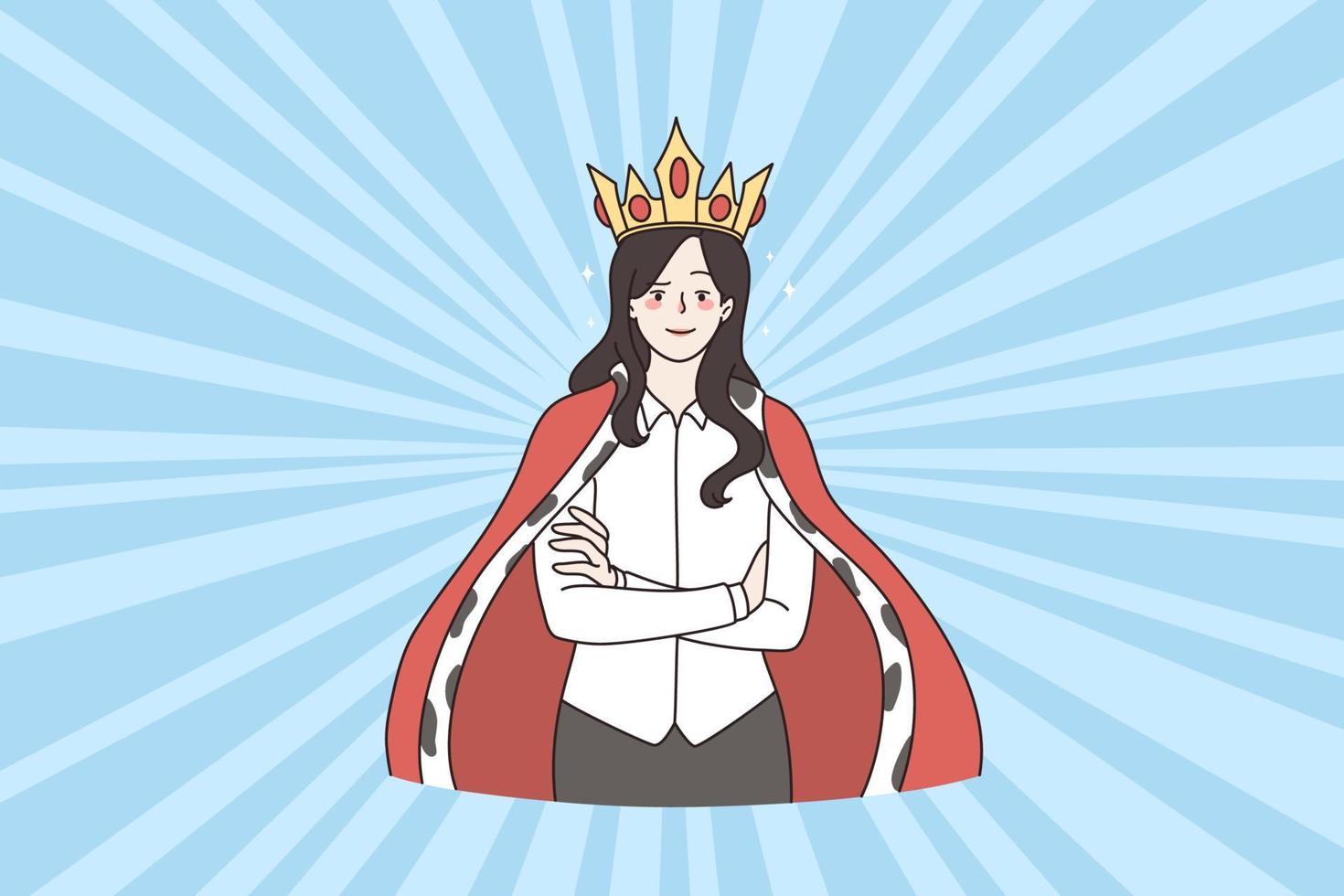 mujer de negocios en corona y túnica sensación exitoso confidente a trabajar. mujer jefe o CEO espectáculo poder liderazgo. negocio reina. profesional logros, objetivo logro. plano vector ilustración.