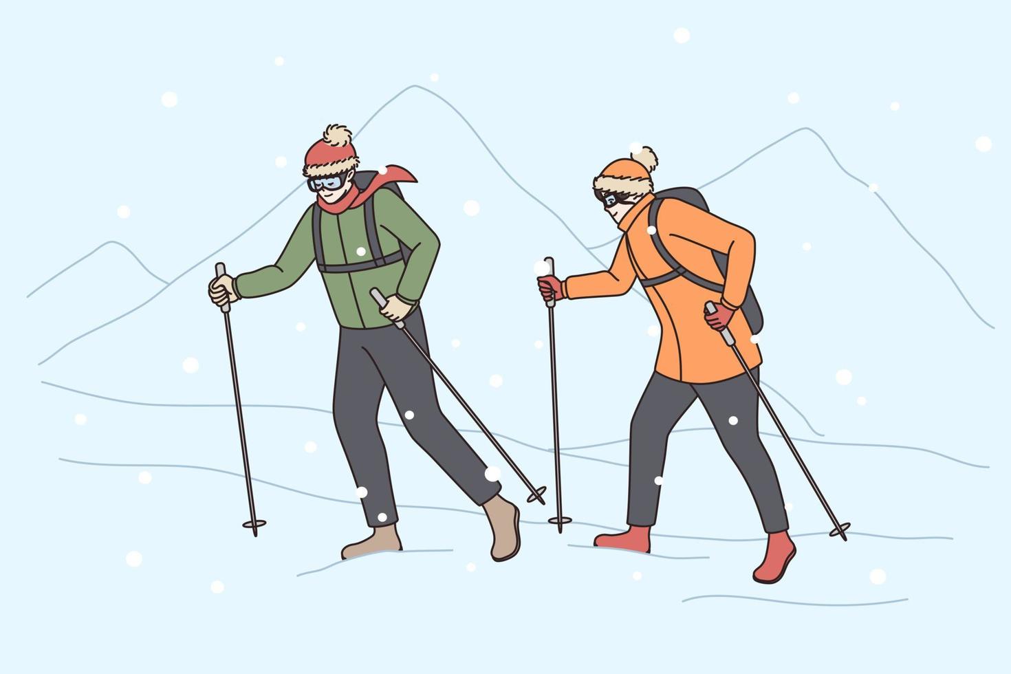 People in winter clothing hike in high mountains. Couple tourists climbers walk through heavy snow on mount peak. Climbing in wild nature, mounteering sport concept. Flat vector illustration.