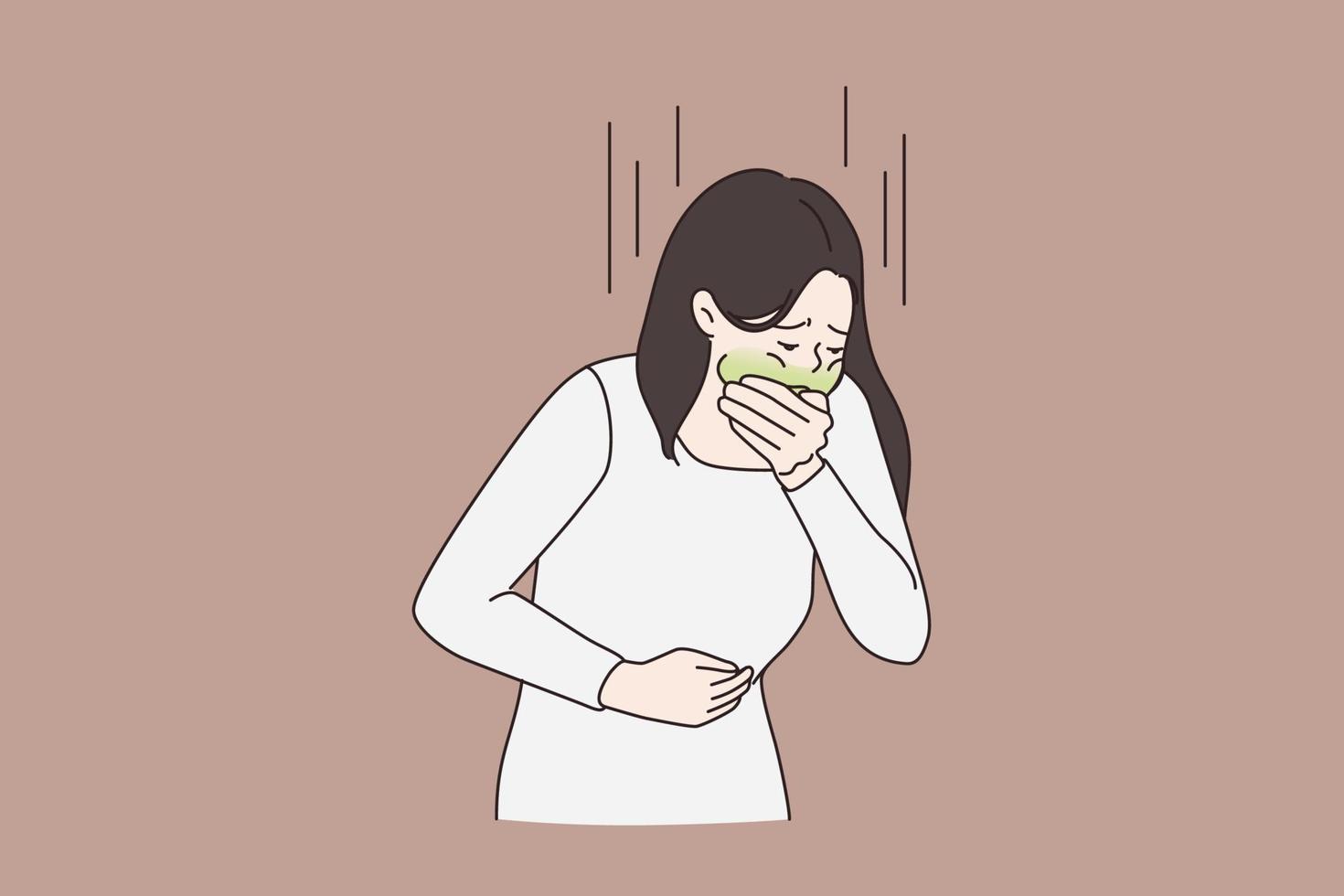 Unwell sick woman feel unhealthy vomit throw up. Ill girl cover mouth suffer from food poisoning. Pregnancy symptom or nausea concept. Health problem. Vector illustration, cartoon character.